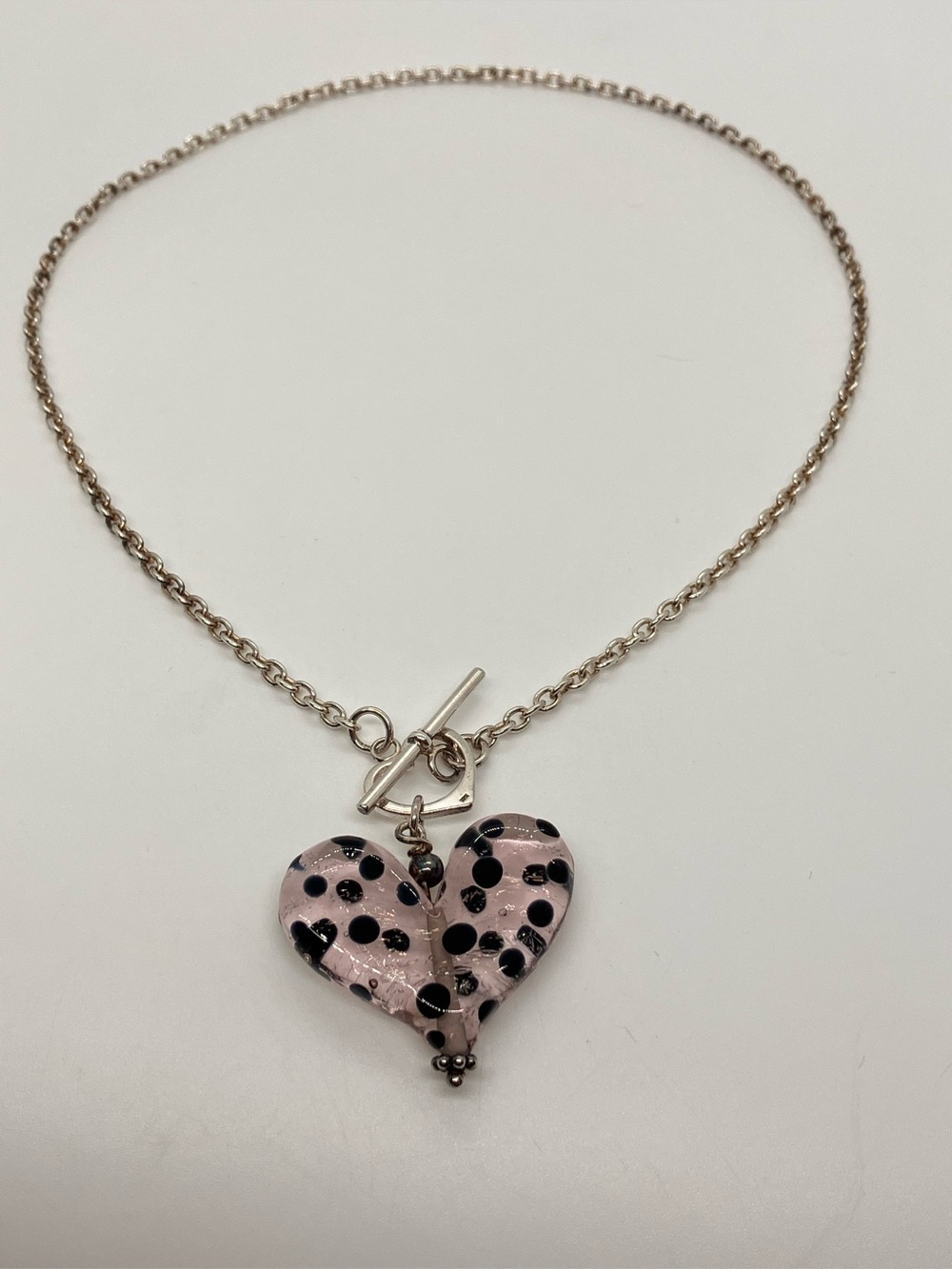 Vtg 925 Artisan Lampwork Glass Heart Polka Dot Toggle Necklace Sterling Silver